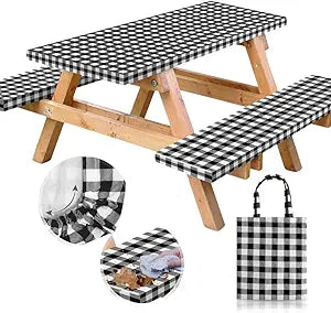 RNOONY Vinyl Fitted Picnic Table Cover with Bench Covers and Bag,8ft Outdoor Waterproof Picnic Tablecloth with Elastic Edges, 96x30 Inches 3 Pcs Set (Black Checkered)
