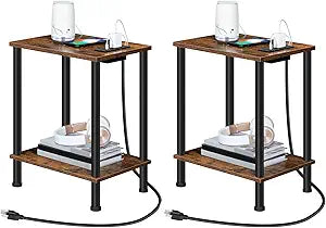 HOOBRO Side Table with Charging Station, Set of 2 End Tables with USB Port and Outlets, Nightstand with 2-Layer Storage Shelves for Small Spaces, Living Room, Bedroom, Rustic Brown BF09UBZP201
