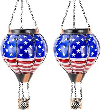2PCS Solar Hot Air Balloon Lantern with Flame Flickering,Flag Glass Hot Air Balloon Solar Lantern with Candle Holder Hanging Outdoor Garden Light for Patio Porch Yard Birthday Gifts for Women