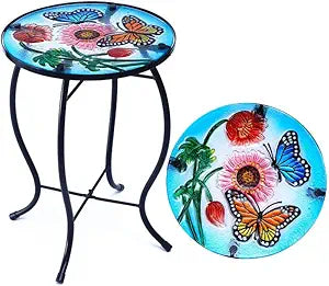 10 Inch Round Butterfly Glass Side Table, Patio Small Table, Outdoor Side Table, Outdoor Bar Table, Metal Glass End Table for Porch Garden Patio Pool Living Room