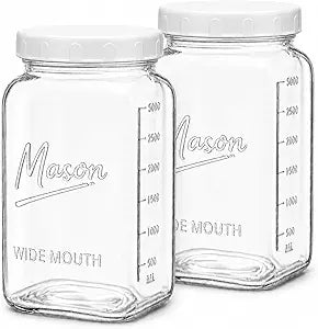 1 Gallon Glass Jars with Lids - Extra Large Mason Jars Wide Mouth with Airtight Plastic Screw On Lids - Square Glass Storage Containers with Measurements for Flour, Sugar, Cookies & Pickling, 2 Pack