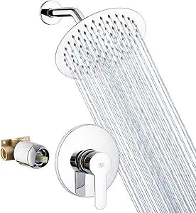 Shower Faucet Set Chrome Bathroom Rainfall Shower System Wall Mounted 8" Inch Shower Head and Handle Set Single Function Shower Trim Kit with Rough-in Valve