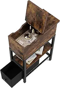 Flip Top Narrow End Table with Hidden Storage, Small Side Table with Fabric Drawer, Bedside Tables with Shelf,Metal Frame Chairside Table for Sofa, Living Room, Small Spaces,Rustic Brown