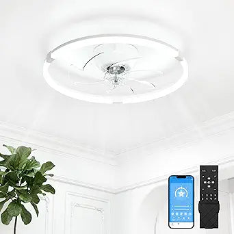 VOLISUN Low Profile Ceiling Fan with Lights and Remote, 19.7in Bladeless Ceiling Fans with Light Flush Mount, Dimmable Modern LED Fan Light, White Fandelier Ceiling Fans for Bedroom,Living Room