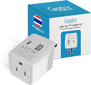 Ceptics Thailand Travel Plug Adapter  Type O Power Adapter with USB-C & A + USA Input  Ultra Compact,3-in-1 Safe Grounded Adapter Plug for Thailand