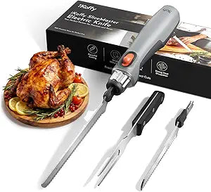 SliceMaster Cordless Electric Knife, 45W High-Torque Motor, 9.3" & 10.9" 420 Stainless Steel Blades, Waterproof Rechargeable Electric Carving Knife, Type-C Charge, Safety Lock, Gray