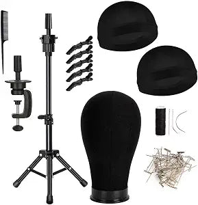 Wig Head with Stand, Canvas Mannequin Head with Wig Stand for Making Display, Cork Canvas Block Head with Wig Caps, Canvas Head with T Pins Set Hair Styling Practice Display