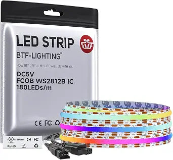 BTF-LIGHTING FCOB COB WS2812B IC RGB LED Strip DC5V 6.5FT 360LED 10mm IP30