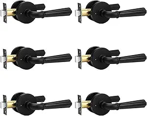 Orger 6 Pack Matte Black Interior Door Handle Round Privacy Door Lever Keyless, Bed and Bath Interior Door Lock Set Left & Right Hand Use, Modern Privacy Door Lock Black Finish, Stainless Steel