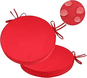 GUEGLSA Indoor Outdoor Round Chair Cushions 15 inch, Waterproof Bistro Seat Cushion with Ties Non Slip Circle Stool Chair Pads Set of 2, Red