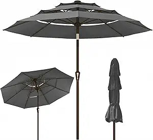 Kingdura 10ft 3-Tier Patio Umbrella, Outdoor Table Umbrella with Easy Crank & Tilt, 8 Reinforced Ribs, UV Protection for Deck, Pool, Market, Backyard (Grey)
