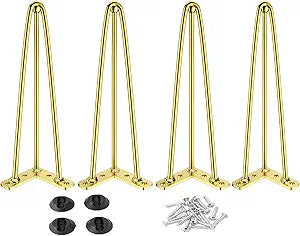 Osring 20 Inch Hairpin Table Legs with 1/2 Dia 3-Rods, Metal Furniture Legs for Coffee Table and TV Stand, Mid-Century Gold Hairpin Feet with Floor Protector, 4 Pack