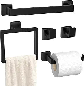 5-Pieces Matte Black Bathroom Accessories Set, 16 Inch Bath Towel Bar Set