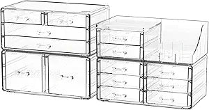 Cq acrylic Make Up Organizers for Vanity With 14 Drawers, 4 Pack Clear Drawer Organizers,Plastic Cute Desk Accessories Organization and Bathroom Organizers Storage Case Box Cube for Beauty,Skin Care