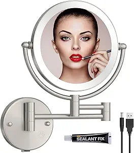 Brass Wall Mounted Lighted Makeup Mirror with Magnification, 1X/5X for Bathroom Magnifying, Touch Sensor, Rechargeable, Matches Various Styles, Brushed Nickel