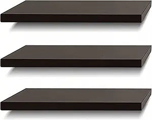 SAUMONIERES Floating Shelves Wall Shelf Solid Wood for Bathroom Bedroom Kitchen Set of 3, Espresso Wall Shelves