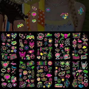 UV Neon Glow Temporary Tattoos - 10 Sheets 130+ Designs Fluorescent Black Light Body Art, Waterproof Rave Festival Accessories for Music Festival Nightclub Party 3.78" x 2.24"