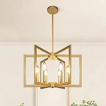 Klgxnrd 6-Light Gold Pendant Light, Modern Farmhouse Dining Room Light Fixtures Over Table, Industrial Metal Geometric Kitchen Chandelier for Entryway Hallway Foyer Bedroom