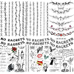 6 Sheets Y2K NO RAGRETS Tattoos Barbed Wire Temporary Tattoos White Trash Bash Party Favor Supplies, Skull Redneck Tramp Stamp Fake Tattoos Men Women Adults Halloween Costume Neck Spine Wicked Sticker