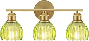 Bathroom Light Fixtures, 3-Light Brushed Gold Vanity Lights for Bathroom with Green Tulip Glass Shade, 20" Vintage Bathroom Vanity Lighting Fixtures Over Mirror for Bedroom Living Room Hallway