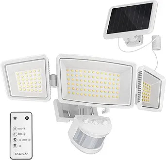Ensenior 5 Motion Sensor Modes Solar Security Light, 1800LM 270 Wide Angle 3 Heads LED Flood Lights, IP65 Waterproof Wall Lights, Separate Solar Panel Remote Control Solar Lights Outdoor