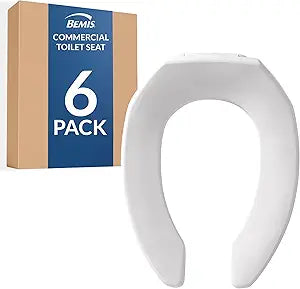 Bemis 6 Pack Commercial Open Front Plastic Toilet Seat, Heavy Duty Industrial Seat Without Lid, Secure Installation for Long Lasting Use, Made in USA, Elongated, White, 1955CT