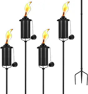 SNOGSWOG 4 Pack Garden Torches, 16 oz Metal Torch for Outside with 3-Prong Grounded Stake, Outdoor Decorative Citronella Torches, 59 inch Garden Dcor Torches