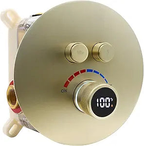 Round Digital Display Shower Valve 2 Way Shower Mixing Valve Concealed Installation Can Use All the Time Brushed Gold