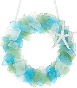 Sea Glass Wreath - Handmade 8.5 Inch Beach Wreath, Coastal Style Christmas Decor Wreaths for Home Decor, Door, Window, Kitchen Cabinet, Chair and Wall
