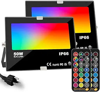 HEKEE RGB Led Flood Light 50W, Outdoor Color Changing DIY Customized Strobe Mode, Stage Landscape Lighting,Floodlights 12 Colors & 4 Modes, Remote Control Included, Timing IP66 Waterproof (2 Pack)