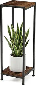 TOSKING 30" Tall 2-Tier Indoor Plant Stand (Holds 160 lbs)  Heavy Duty Black Metal Frame with Rustic Brown Wood Shelves for Balcony, Patio, Garden, Living Room, Indoor & Outdoor