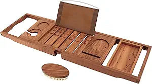 VaeFae Premium Teak Bathtub Tray, Expandable Wooden Bath Tray for Tub, Luxury Bathtub & Bathroom Accessories, Great House Warming, Anniversary & Wedding and Birthday Gifts (Free Teak Body Brush)