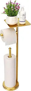 Noonext Gold Toilet Paper Holder Stand, Freestanding Toilet Paper Stand with Tray for Small Items, Toilet Paper Holder with Shelf, Storage Space for 4 Extra Toilet Paper Rolls (Gold)