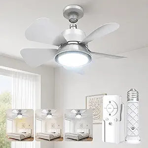 Socket Fan Light with Remote  Small Ceiling Fan with Light, 3 Colors, 5 Dimmable Levels, 1000LM LED, Fits Standard E26/E27 Sockets for Bedroom, Kitchen, Garage, Living Room