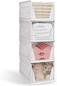 XL Stackable Plastic Storage Basket, 4 Packs closet storage bins for clothes sweater organizer for closet Folding closet organizers and storage Closet Shelf Storage Container for Cupboard Bedroom 4XL