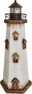 Morning View Lighthouse Decor Nautical Decoration Lighted Wood Light House Figurine Beach House Coastal Decor Table Ocean Seaside Theme Home Decor Lake House Bathroom Shelf Centerpiece 16" (White)