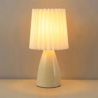 Cute Stylish Small Night Lamp, Pleated Fabric Lampshade, Ceramic Body, Adjustable Light Color and Brightness with Power-Off Memory, Safe USB Powered, LED Bedside Light (Yellow)