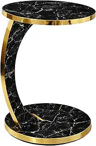 Luxury C Shaped Golden Effect Side Table with Wheels, Premium Faux Marble Round End Table with Gold Trim Edge, Elegant Slide Under Couch, Sofa for Living Room Small Spaces (Black Marble)
