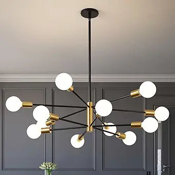 RUIYEY Modern Chandelier Ceiling Light Fixture - 33.4" 12-Light Gold and Black Sputnik Chandeliers, Height Adjustable Industrial Farmhouse Pendant Lighting for Dining Room, Living Room, Kitchen Island