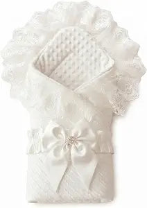 Luxury White Lace Baby Receiving Blanket with Bow, 31.5"31.5" Newborn Photo Prop & Christening Gift, 3D Minky Dot Lining, Soft Breathable Nursery Throw