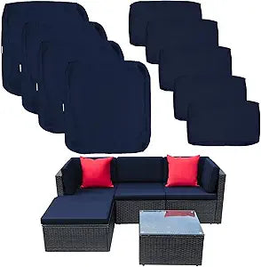 ClawsCover (No Stretchy) 9 Pack Patio Cushion Covers Set,Outdoor Furniture Cushion and Pillow Slipcovers Replacement,Fit for 5 Pieces 4-Seater Wicker Sectional Sofa Chair Couch Set,Navy-Covers Only
