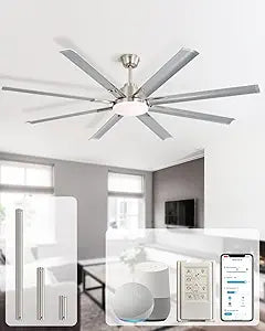 Sofucor 72 Inch Smart Ceiling Fan with Light, 8 Aluminum Blades Large Outdoor Ceiling Fan, Works with App/Alexa/Google, 6-Speed Dimmable Reversible DC Motor for Living Room Patio, Silver