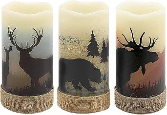 GenSwin Flameless Led Candles with Hemp Rope & Timer Deer Moose Bear