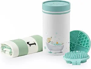 Nina Woof Bath Kit for Dogs & Puppies  Grooming Set with Recycled Polyester Towel, Silicone Brush & Lick Mat  Stylish At-Home Dog Bath Kit, Perfect Dog Gift