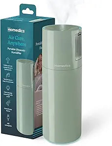 Homedics Portable Ultrasonic Humidifier, USB Rechargeable Aromatherapy Cool Mist Humidifier with 7.7 oz Easy-Fill Tank, Continuous & Intermittent Mist, 7-Color Nightlight, Auto Shutoff (Green Sage)