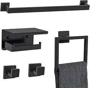 5 Pieces Black Towel Bar Set Bathroom Hardware Accessories Set Upgraded Toilet Paper Holder with Shelf Towel Holder Set for Bathroom Stainless Steel Wall Mounted