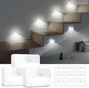 AMIR 12 Pack Motion Sensor Stair Lights for Indoor, Battery-Operated LED Night Light, 40 Lumen 6500K, Cordless Closet Light, Tap Light, Safe Lights for Stairs, Hallway, Bathroom, Cabinet, Kitchen