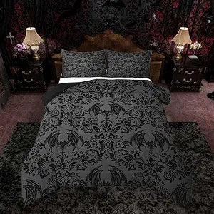 Feelyou Adults Gothic Comforter Set Full Size Dark Olive Green Damask Comforter Bat Bohemia Boho Bedding Set Goth Duvet Set Vintage Victorian Baroque Floral Quilt Set 3Pcs