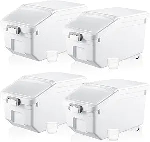 Sunnyray 4 Pcs Rice Storage Containers Bulk Flour Sugar Container Wheels Measuring Cups Set Airtight Pet Dog Cat Birds Food Bin Grain Cereal Organizer Box for Dry Baking(White,22 lb)