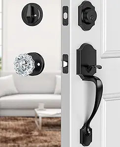 Black Front Door Handle and Deadbolt Set, Front Door Lock Set with Crystal Glass Door Knob, Entry Door Lock Set with Single Cylinder, Reversible for Right & Left, Matte Black